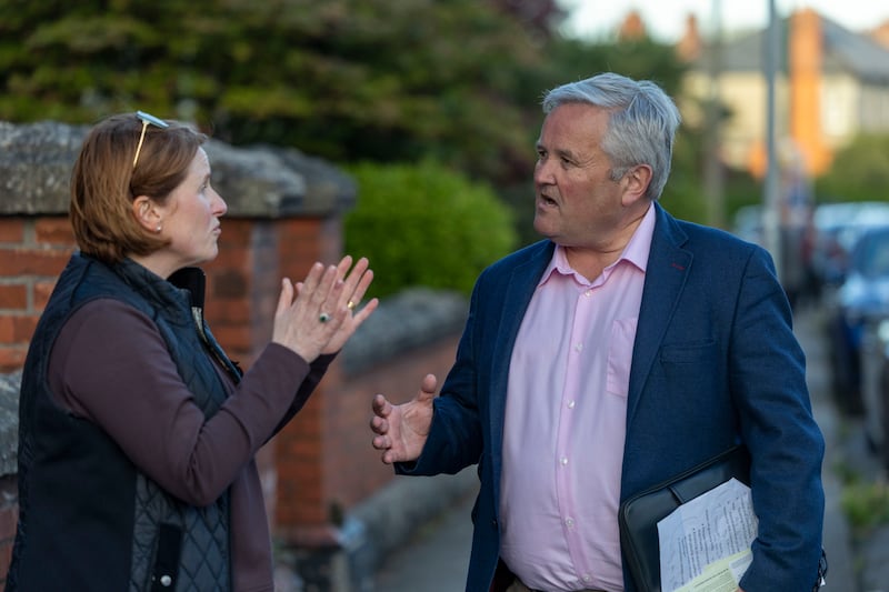 John Stephens of Fianna Fáil talks with Marguerite Norris in Drumcondra, Dublin. Photograph: Tom Honan