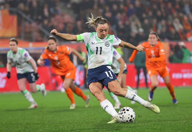 Republic of Ireland captain Katie McCabe scores a penalty against the Netherlands during last month's World Cup qualifier in Utrecht. Photograph: Ryan Byrne/Inpho