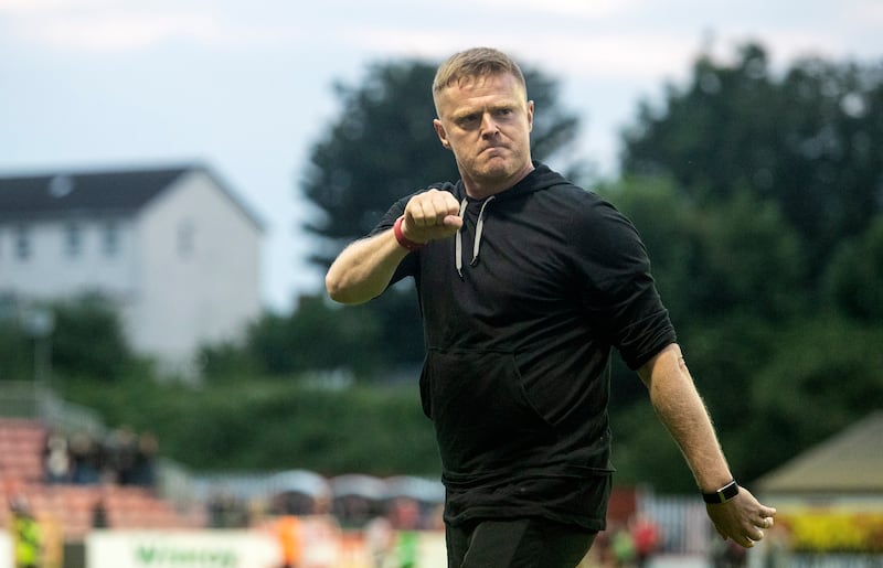 Damien Duff, then Shelbourne head coach, celebrates victory over St Pat's last June. Photograph: Dan Clohessy/INPHO