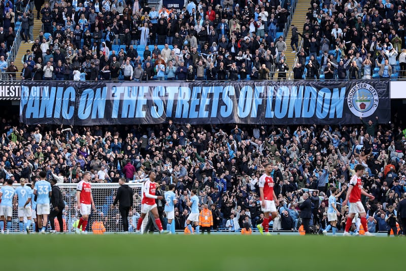 MANCHESTER, ENGLAND - APRIL 19: A banner unveiled by Manchester City fans reams 'Panic of the Streets of London' after the Premier League match between Manchester City and Arsenal at Etihad Stadium on April 19, 2026 in Manchester, England. (Photo by Michael Regan/Getty Images)