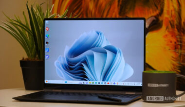 Samsung Galaxy Book 3 Pro 360 with plant and coffe mug