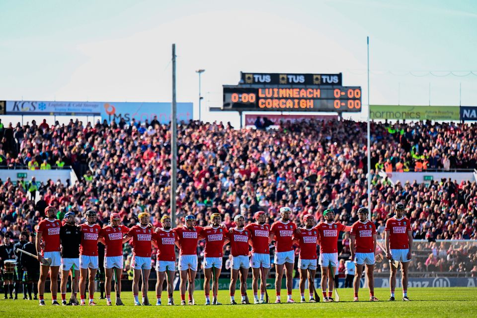 Cork players stand for Amhrán na bhFiann before the NHL Division 1A final against Limerick at TUS Gaelic Grounds in Limerick. Photo: Ben McShane/Sportsfile