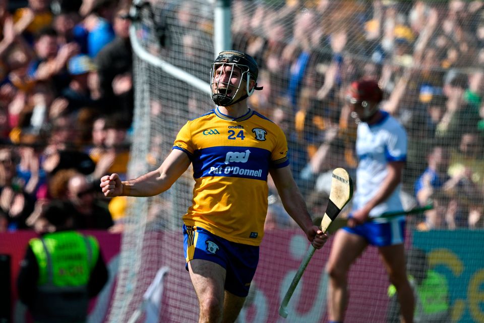 Clare's Ian Galvin celebrates a late goal in Ennis. Photo: Ray McManus/Sportsfile