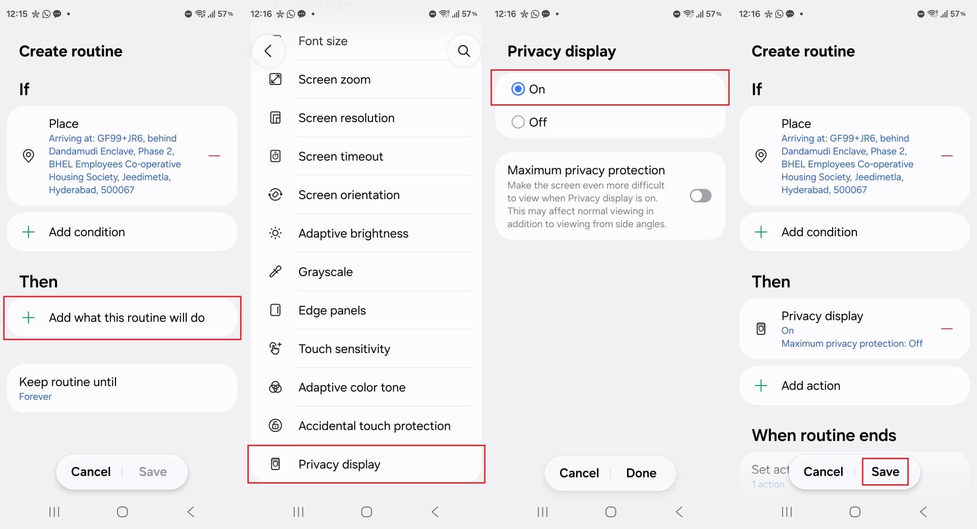 setting up privacy display location routine