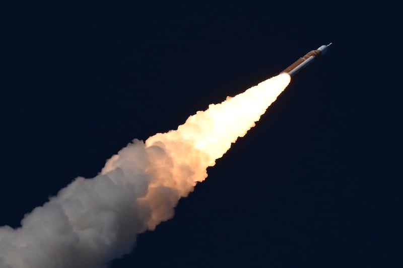 Nasa’s Space Launch System (SLS) rocket, carrying the four astronauts of the Artemis II mission, lifts off from the Kennedy Space Center in Florida on Wednesday, April 1, 2026. Photograph: Kenny Holston/The New York Times
                      