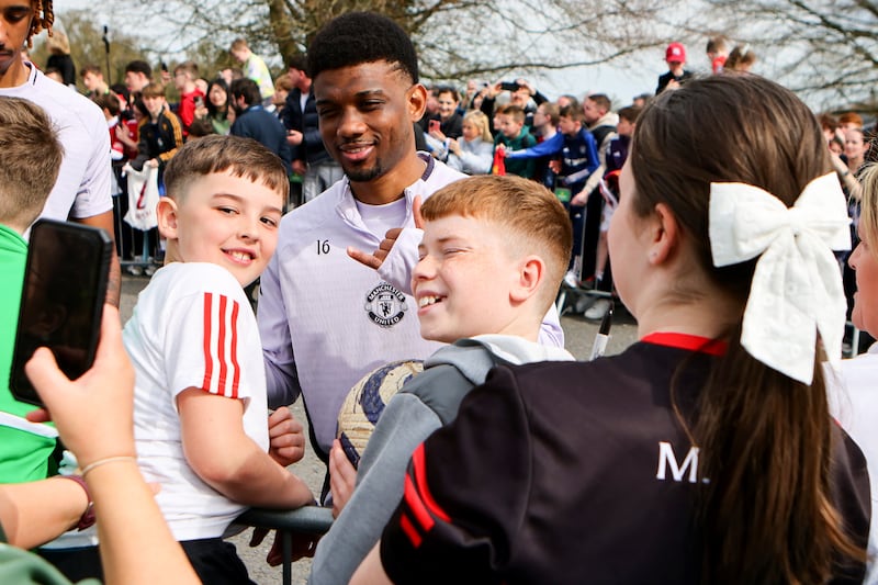 Amad Diallo takes a selfie with young Manchester United fans at Carton House, Kildare. Photograph: Inpho