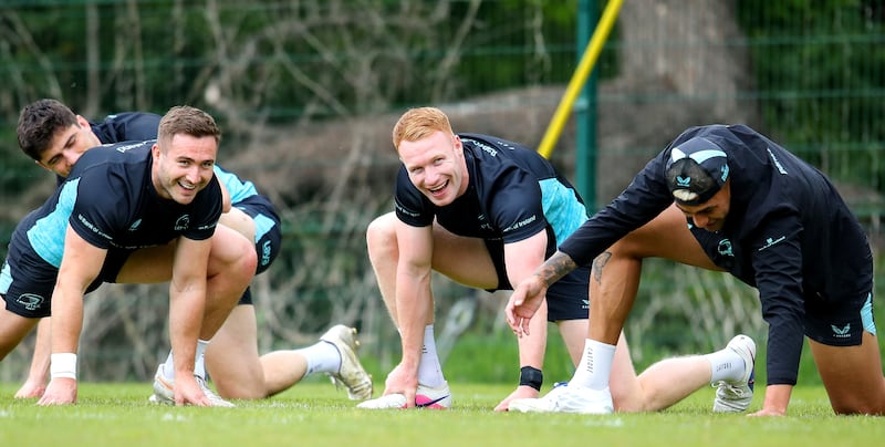 Jordan Larmour, Ciaran Frawley and Rieko Ioane during Leinster training at University College Dublin on Monday. Photograph: Grace Halton/Inpho