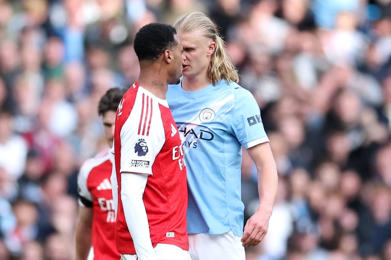 Gabriel of Arsenal clashes with Erling Haaland of Manchester City. Photograph: Michael Regan/Getty