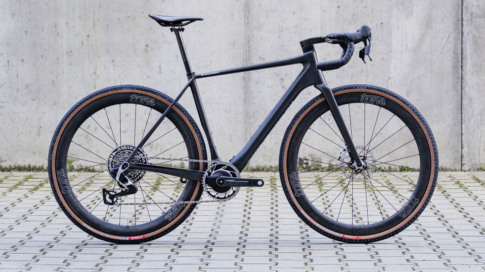 Tune Nano Gravel 45 lightweight all-rounder carbon gravel bike wheels, on a Bike Ahead gravel bike