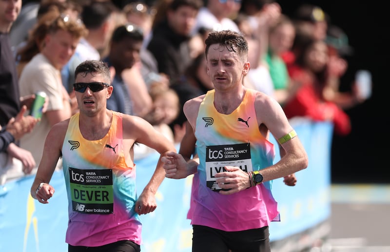 Patrick Dever of Team Great Britain and Peter Lynch of Team Ireland compete during the London Marathon. Photograph: Warren Little/Getty