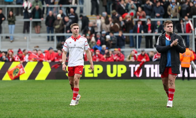 Jack Crowley and Alex Kendellen after Munster's Challenge Cup defeat to Exeter. Photograph: Dan Sheridan/Inpho