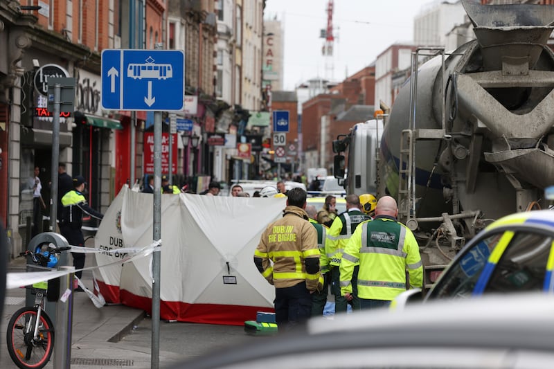 The scene at the junction of Middle Abbey Street and O’Connell Street in Dublin city centre following a fatal incident in which Johnny Santos Xavier De Abreu was killed. Photograph: Bryan O’Brien 