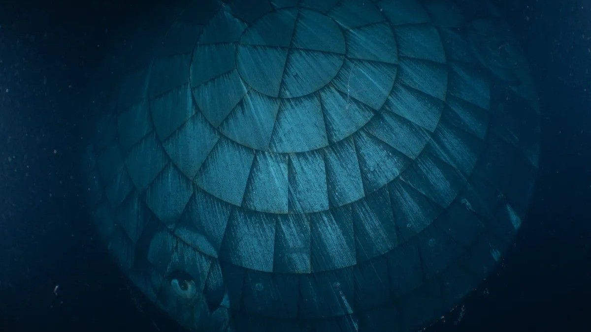 A view of the Artemis 2 Orion heat shield underwater. The heat shield appears as different shades of dark blue.