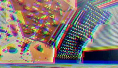 Under a distorted "glitch" effect, a female climber boulders on the Kilter Board in a climbing gym with orange walls.