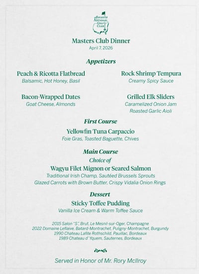 Rory McIlroy's Masters Dinner menu