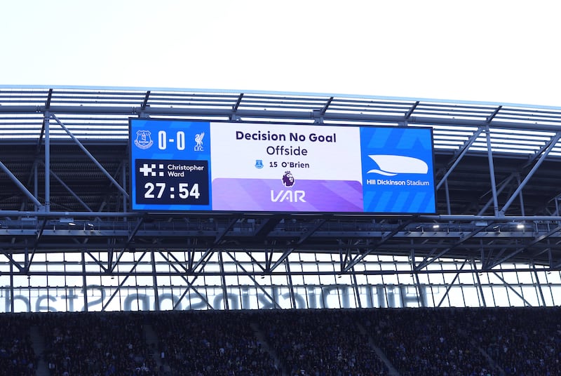 The LED screen displays a message from VAR which reads "Decision No Goal, Offside, 15 O'Brien" during the Premier League match between Everton and Liverpool. Photograph: Molly Darlington/Getty