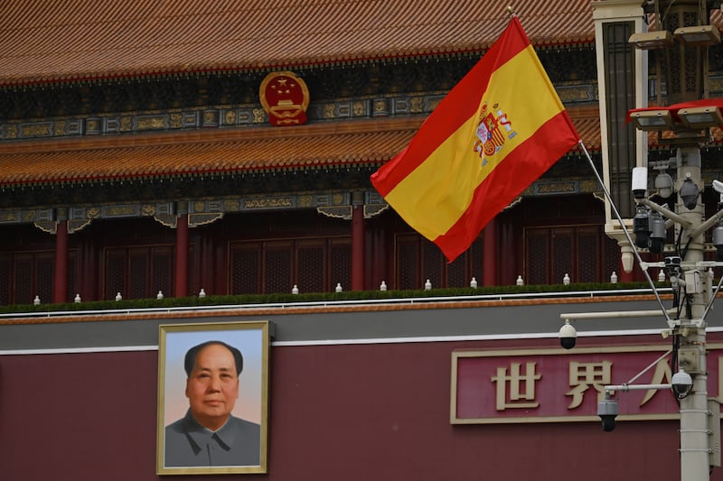 The national flag of Spain hangs in front of the portrait of late communist leader Mao Zedong at Tiananmen Gate during a visit by Spain's prime minister Pedro Sanchez to Beijing. Photograph: Pedro Pardo/AFP