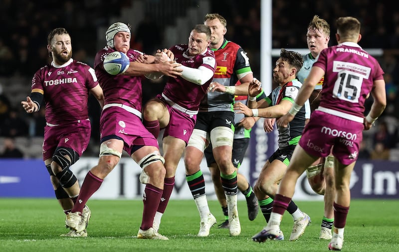 Champions Cup Round of 16, Twickenham Stoop, London. Harlequins vs Sale Sharks  
Sale Sharks' Ernst van Rhyn and Tom Roebuck. Photograph Cat Goryn/Inpho