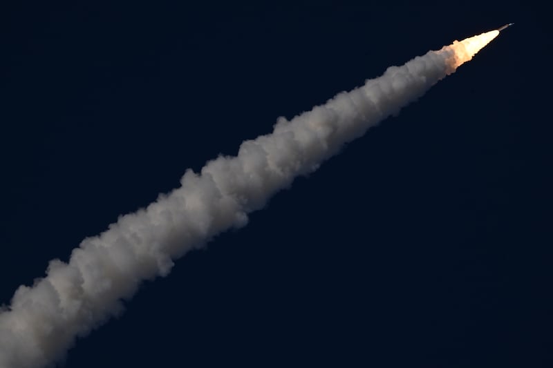 Nasa's Space Launch System rocket, carrying the crew of the Artemis II mission, lifts off from the launchpad at the Kennedy Space Center in Florida on Wednesday. Photograph: Kenny Holston/The New York Times
                      