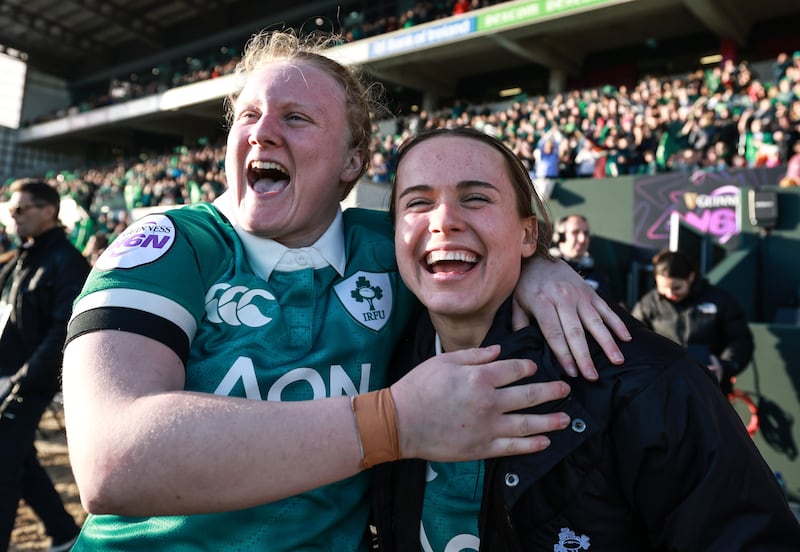Ireland's Aoife Wafer celebrates with Robyn O’Connor after the match. Photograph: Dan Sheridan/Inpho