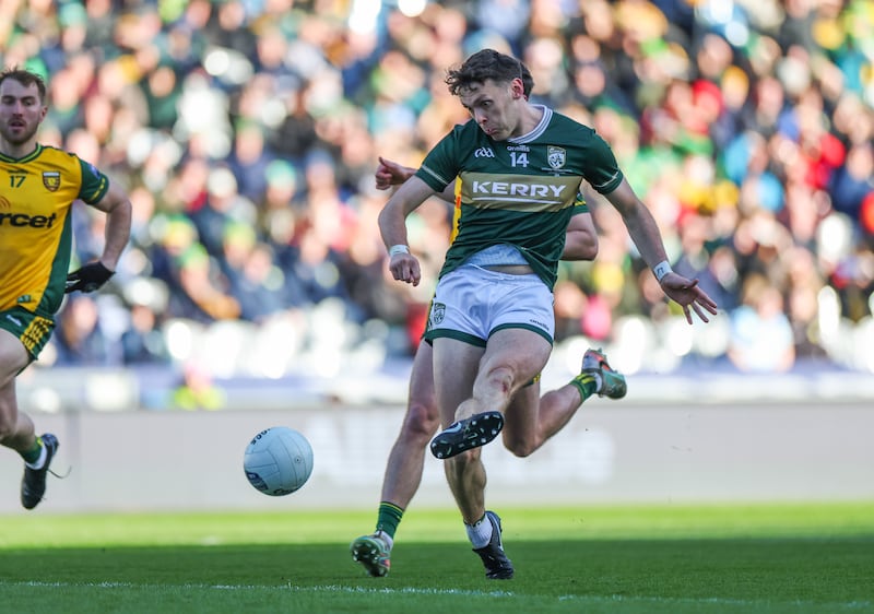 Kerry's David Clifford scores a goal against Donegal in the Division 1 final. Photograph: James Crombie/Inpho