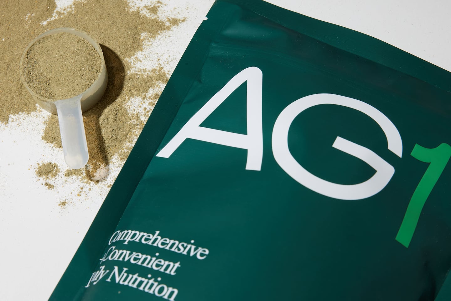 A bag of superfood powder by AG1, previously known as Athletic Greens.
