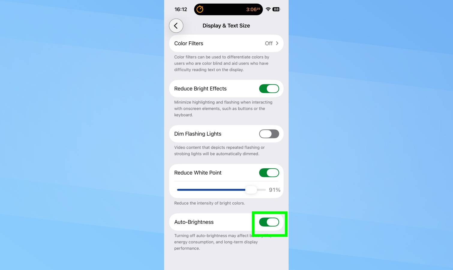 Toggled on Auto-Brightness in iPhone