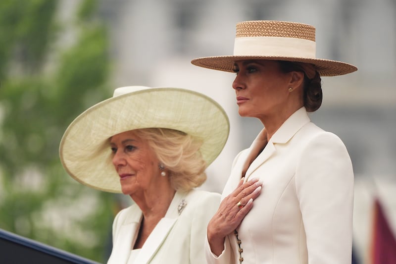 Camilla and Melania Trump stand during the US national anthem at the White House welcome ceremony on Tuesday. Photograph: Aaron Chown/PA Wire