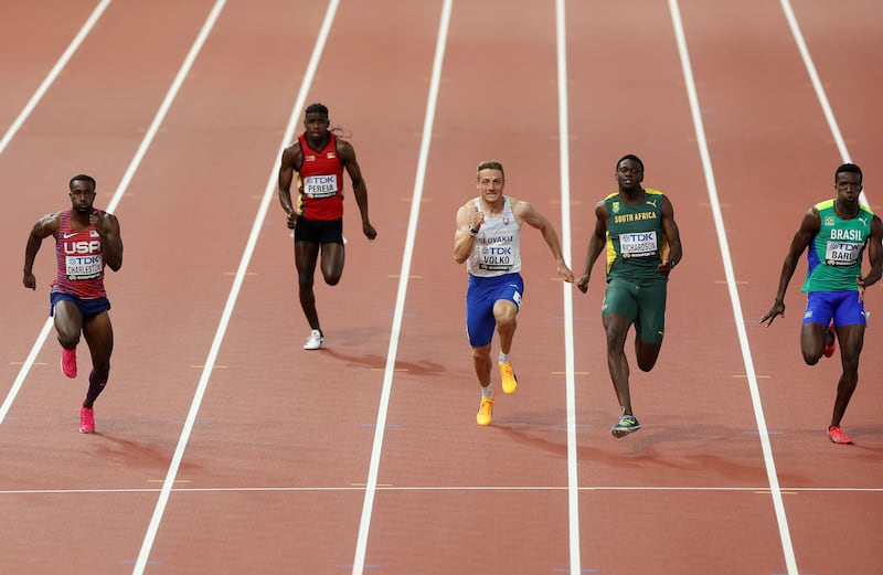 Benji Richardson in action for South Africa during the 100m heats at the 2023 World Athletics Championships in Budapest. Photograph: Stephen Pond/Getty Images for World Athletics