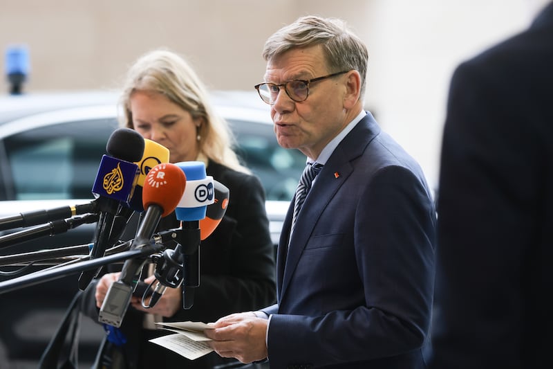 German foreign minister Johann Wadephul speaks to the media upon arrival at a Foreign Affairs Council meeting in Luxembourg city on Tuesday. Photograph: Olivier Hoslet/EPA