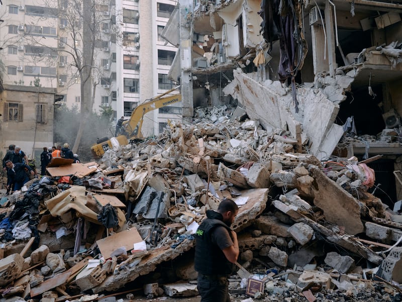 Emergency worker as the site of an Israeli strike in Ain al-Mreisseh, Beirut, on Wednesday.  Photograph: Benoit Durand/AFP via Getty Images