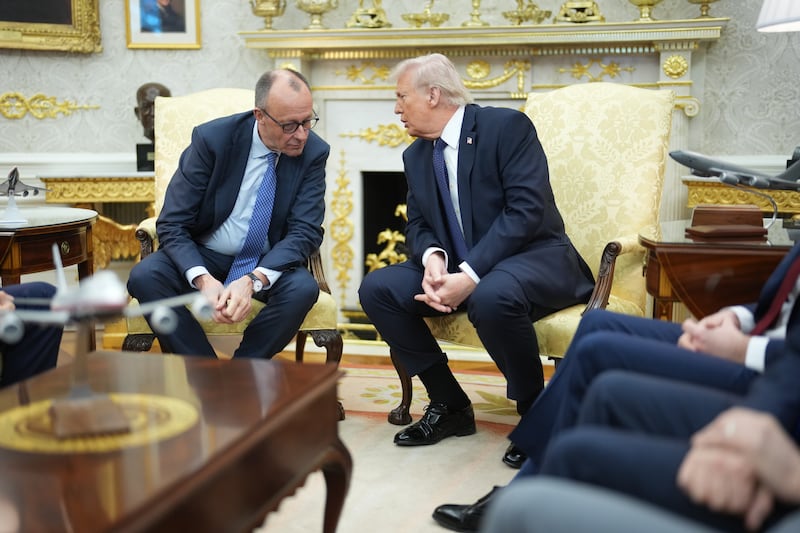 US president Donald Trump speaks to German chancellor Friedrich Merz in the Oval Office of the White House in Washington last month. Photograph: Doug Mills/The New York Times
                      