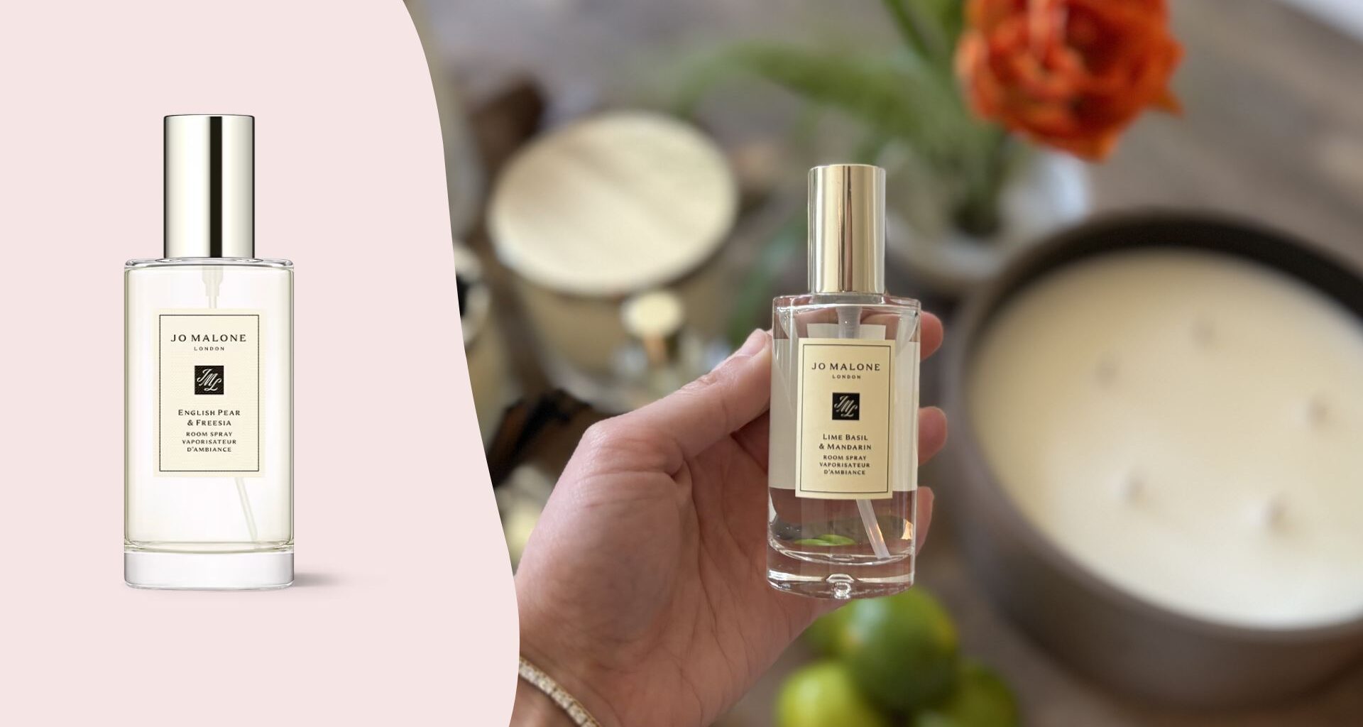 Jo Malone Mini Room Spray being held next to a cut out of a a Jo Malone Mini Room Spray next to a full size spray