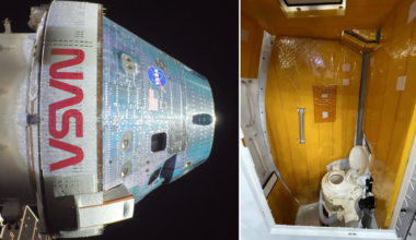 Two images with a view of an NASA Orion spacecraft on left and space toilet on right.