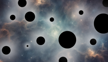 A bunch of black circles over hazy tendrils and swirls in space is illustrated here.