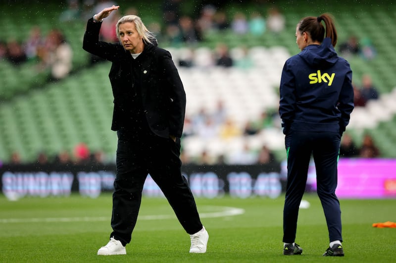 Republic of Ireland head coach Carla Ward ahead of kick-off at the Aviva. Photograph: Ryan Byrne/Inpho