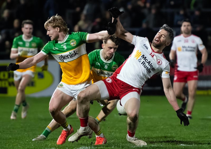Offaly’s Cormac Egan and Jack McEvoy and Tyrone’s Matthew Donnelly in a Division 2 clash in Dungannon in February. Photograph: Evan Logan/Inpho