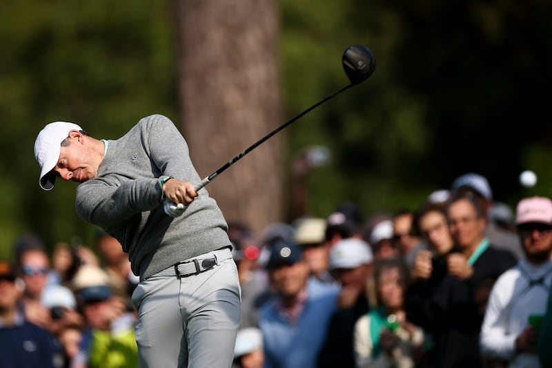 AUGUSTA, GEORGIA - APRIL 08: Rory McIlroy of Northern Ireland plays his shot from the 17th tee during a practice round prior to the 2026 Masters Tournament at Augusta National Golf Club on April 08, 2026 in Augusta, Georgia. (Photo by Jared C. Tilton/Getty Images)