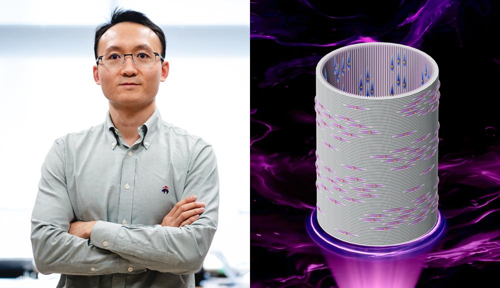 Yonghui Ding, left, and an illustration of a 3D printed blood vessel scaffold. Image via WPI.