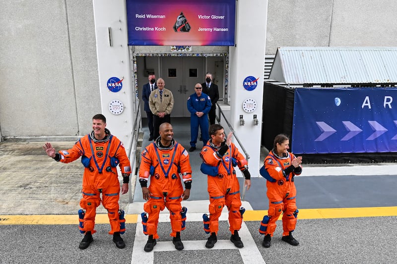 The crew of the Artemis II leaves the operations and checkout building en route to the launchpad at the Kennedy Space Center in Florida on Wednesday, April 1, 2026. Jeremy Hansen, Victor Glover, Reid Wiseman and Christina Koch. Photograph: Kenny Holston/The New York Times
                      