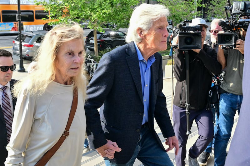Matthew Perry's mother Suzanne Perry and stepfather Keith Morrison arrive for the sentencing hearing of Jasveen Sangha in Los Angeles on Wednesday. Photograph: Frederic J Brown/AFP via Getty