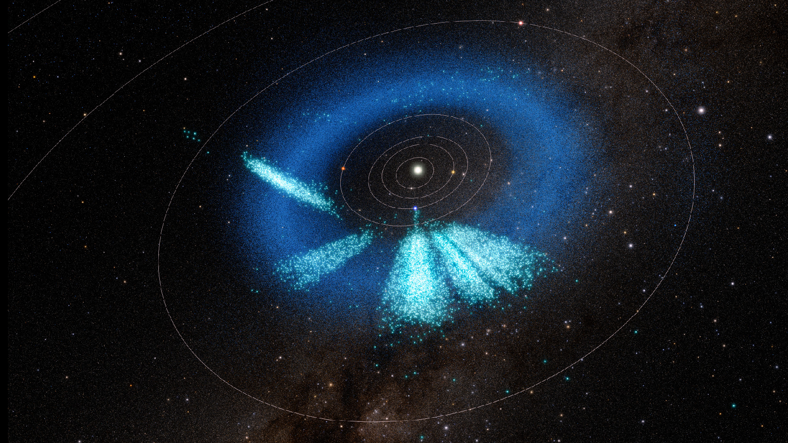 A view of our solar system with a blue ring in it.