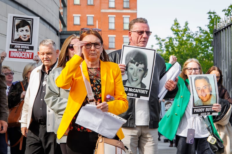 Relatives of the five people killed in the Springhill and Westrock areas in 1972, outside Belfast Coroner's Court on Thursday. Photograph: Liam McBurney/PA Wire