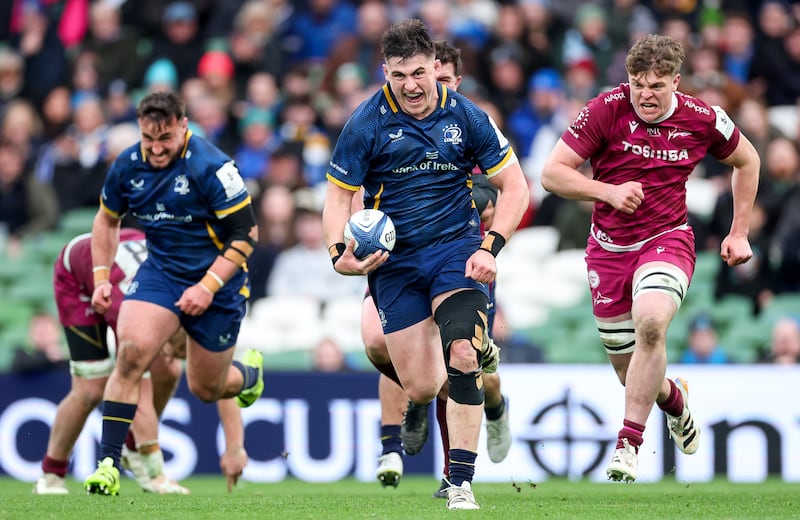Leinster's Dan Sheehan makes a break leading to Jamie Osborne's final try at the Aviva Stadium on Saturday. Photograph: Dan Clohessy/Inpho