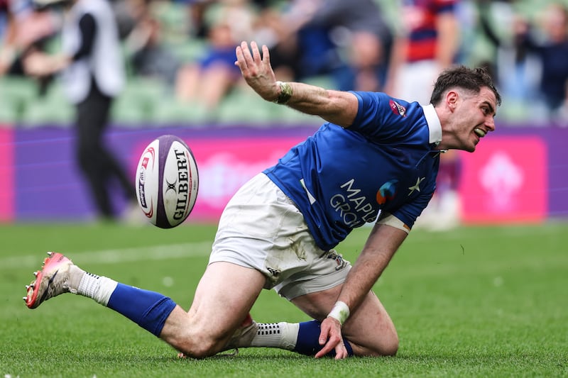 Ruairi Shields of St Mary's College celebrates after scoring his side's fourth try at the Aviva Stadium. Photograph: Ben Brady/Inpho