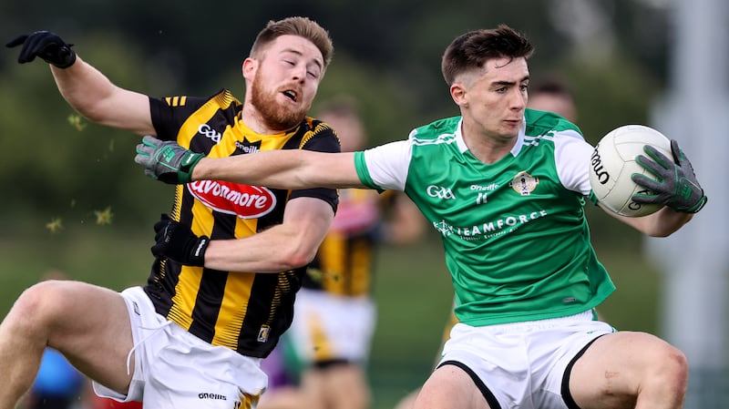 Kilkenny's Nathan Sherry and Shay Rafter of London in the 2023 junior semi-final. Photograph: Ben Brady/Inpho