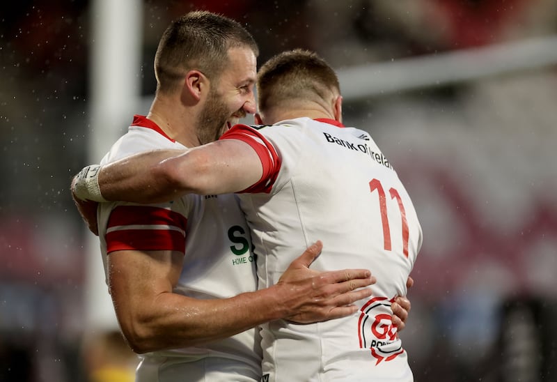 Zac Ward celebrates scoring a try with Stuart McCloskey during Ulster's Challenge Cup quarter-final win over La Rochelle. Photograph: Laszlo Geczo/Inpho