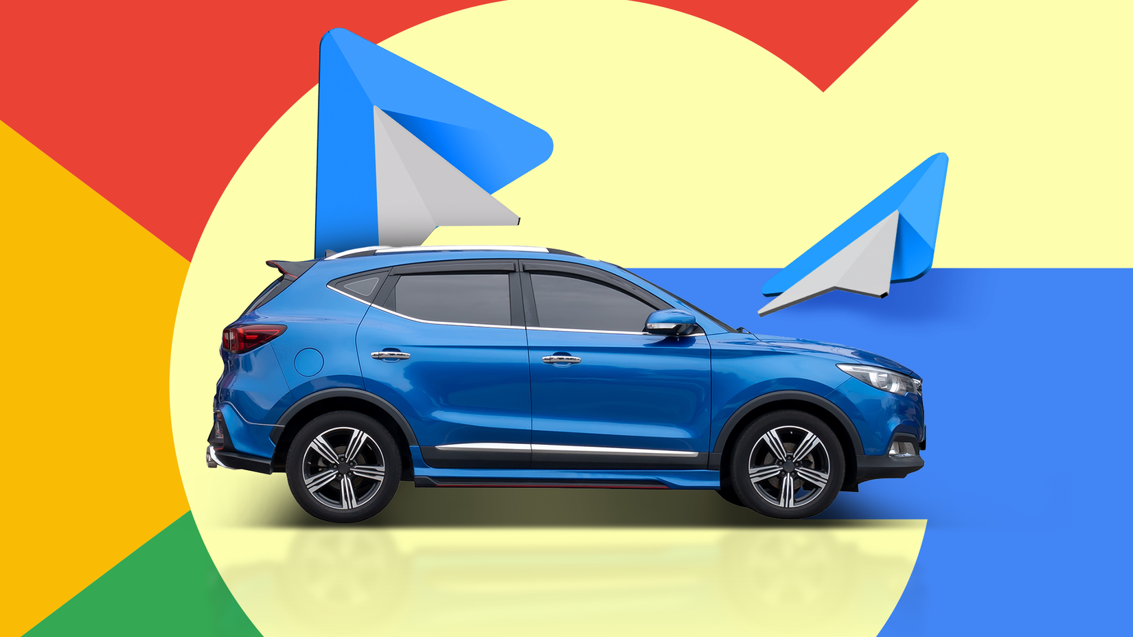 A blue car in front of a large Google logo, featuring Android Auto navigation icons above it.