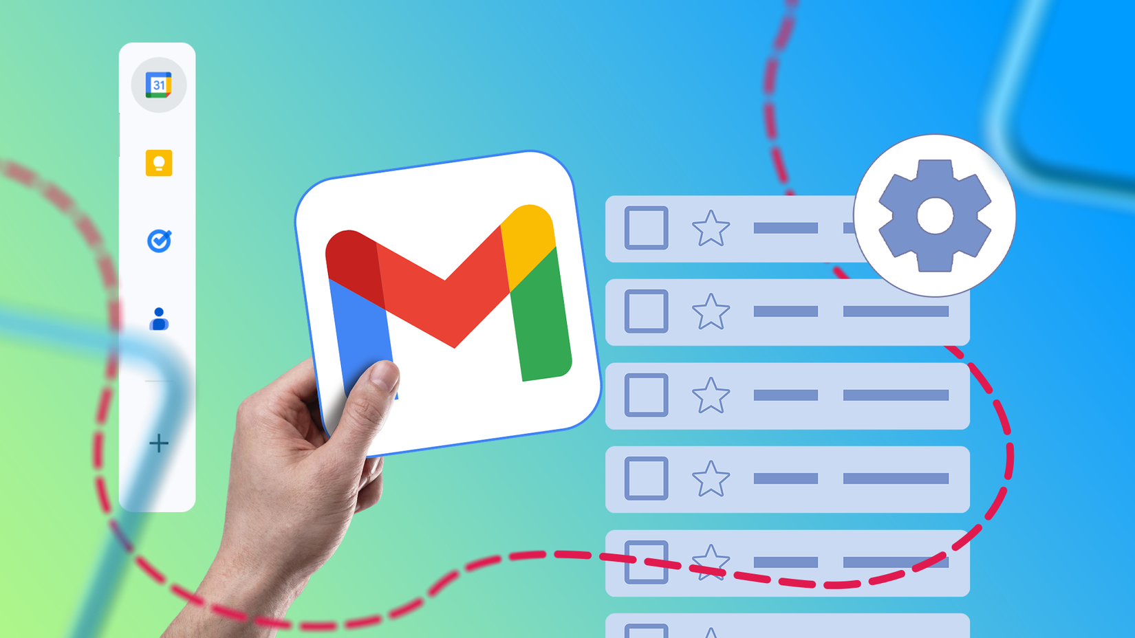A hand holding a Gmail logo over a list of emails with a gear icon and a sidebar of Google app icons on a teal gradient background