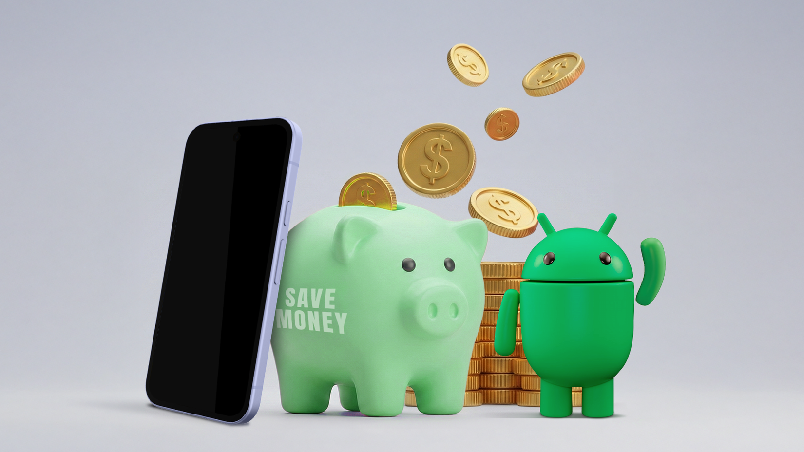 A smartphone next to a 'SAVE MONEY' piggy bank and a green Android mascot under falling gold coins.